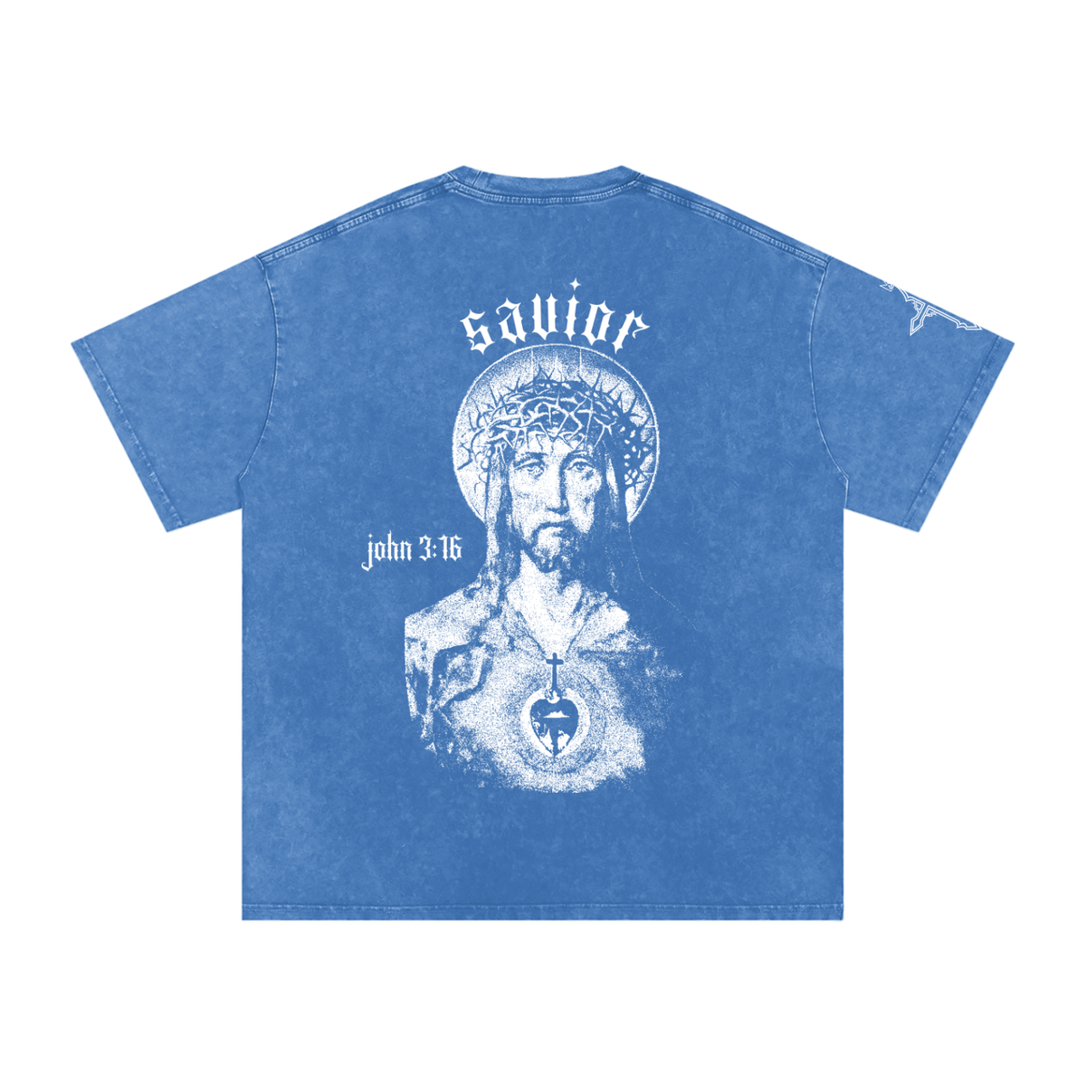 A blue mineral-wash short-sleeve t-shirt with a white graphic illustration of Christ on the back, featuring the word 'Savior' and the bible verse 'John 3:16'.